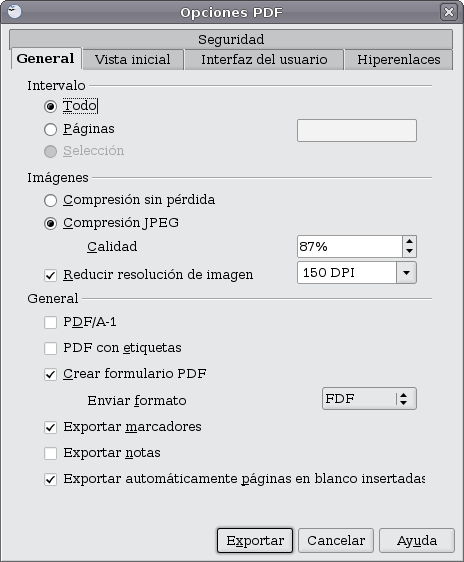 Opciones PDF